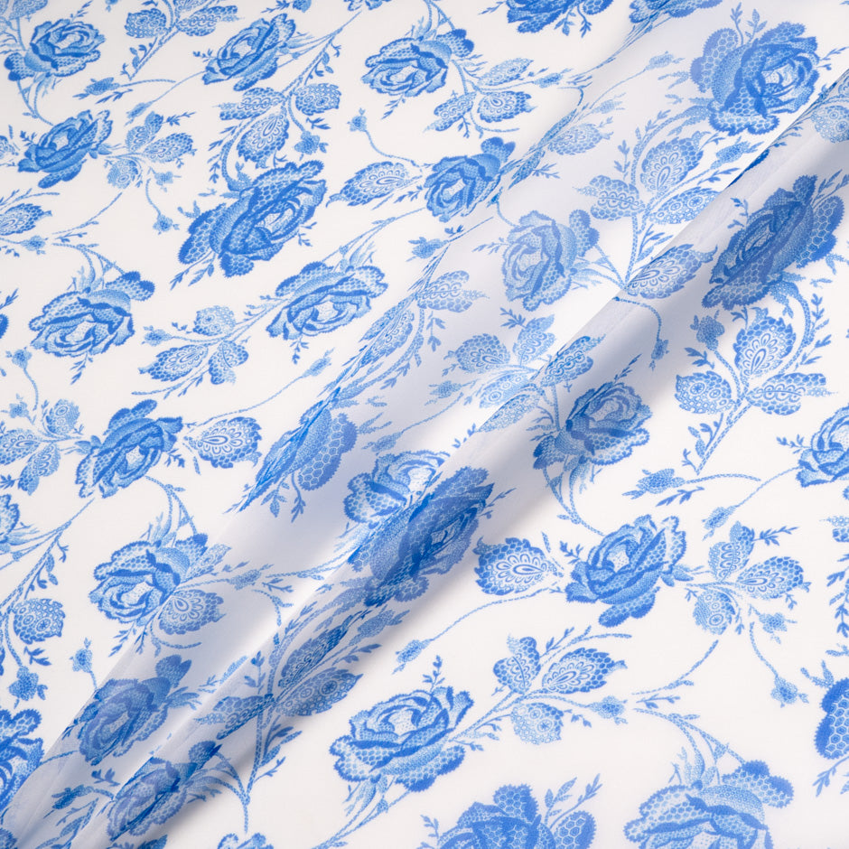 Blue Floral Printed Pure Silk Organza