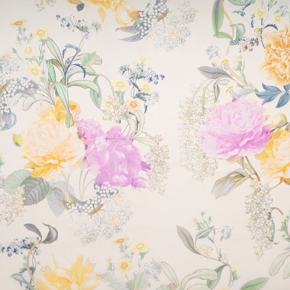 Yellow & Pink Floral Printed Pure Silk Organza