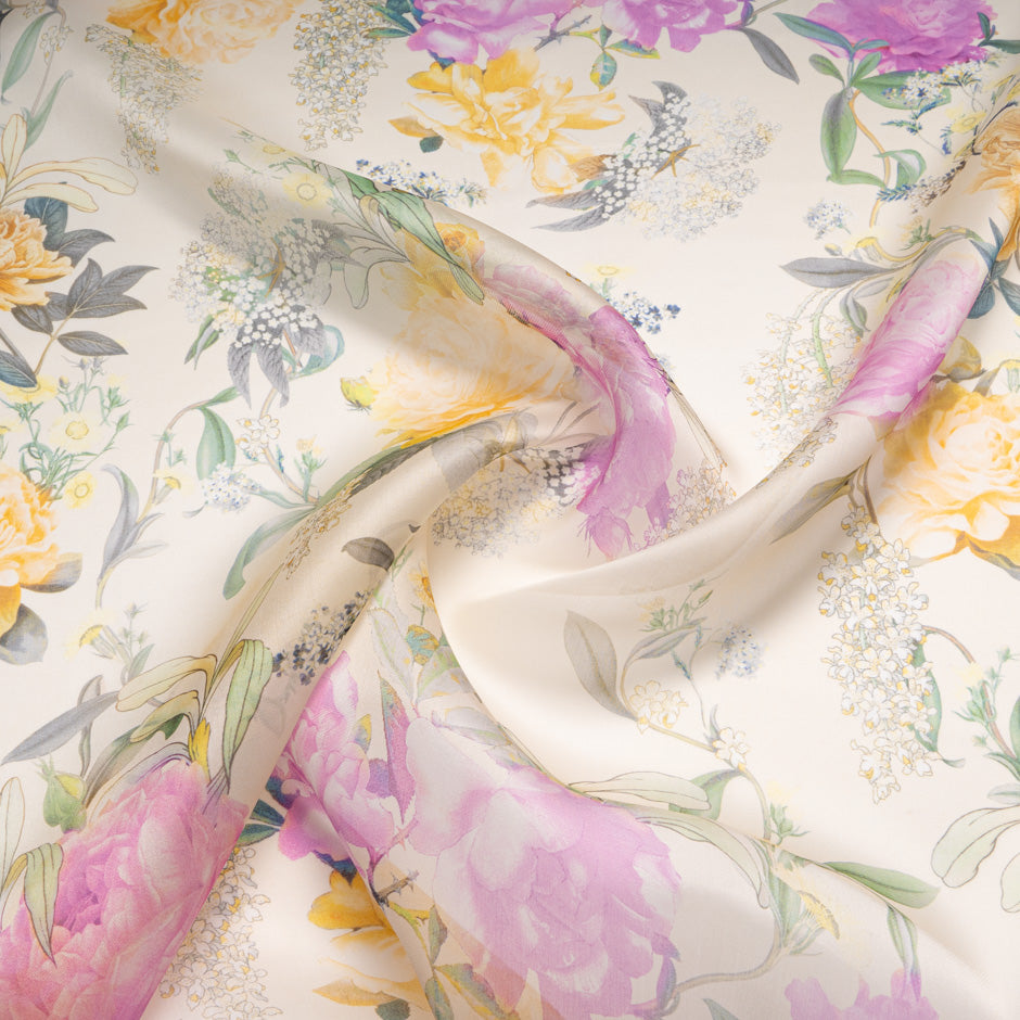 Yellow & Pink Floral Printed Pure Silk Organza