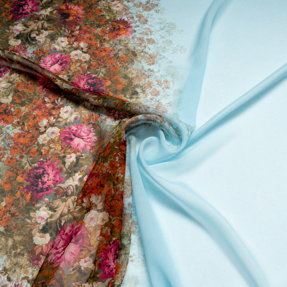 Multi Floral Printed Baby Blue Pure Silk Georgette