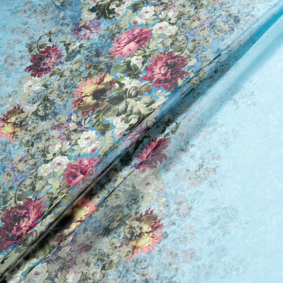Multi Floral Printed Sky Blue Pure Silk Georgette