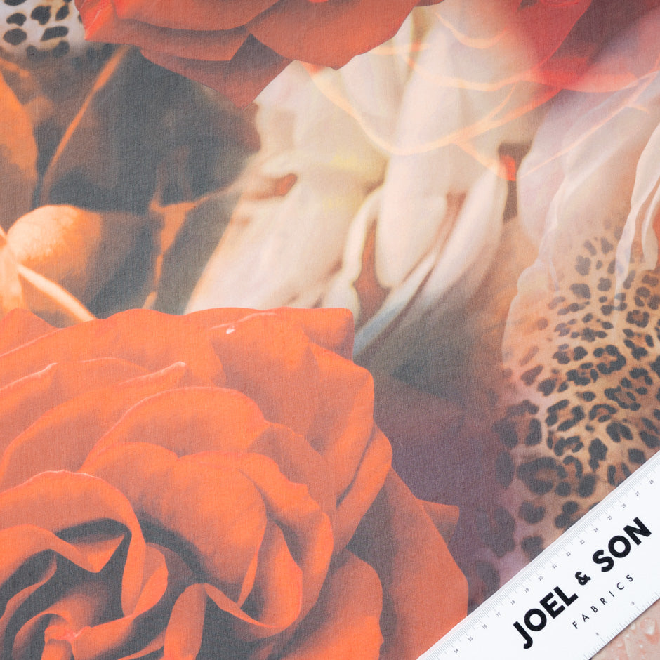 Orange Floral & Animal Printed Pure Silk Georgette