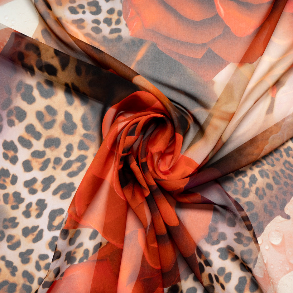 Orange Floral & Animal Printed Pure Silk Georgette