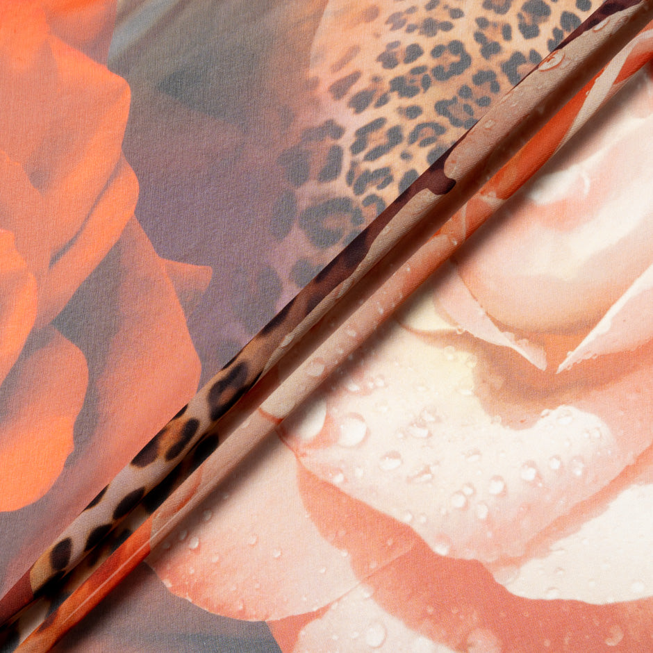 Orange Floral & Animal Printed Pure Silk Georgette
