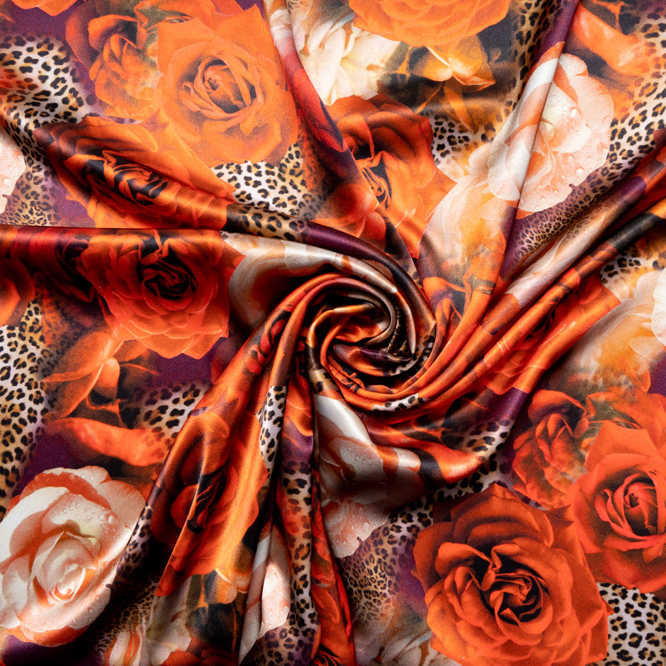 Orange Floral & Animal Printed Pure Silk Satin