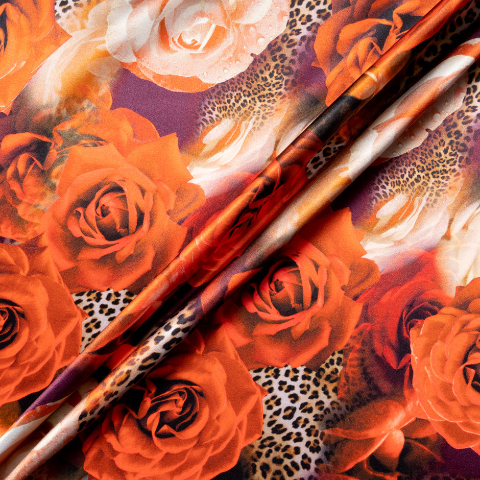Orange Floral & Animal Printed Pure Silk Satin