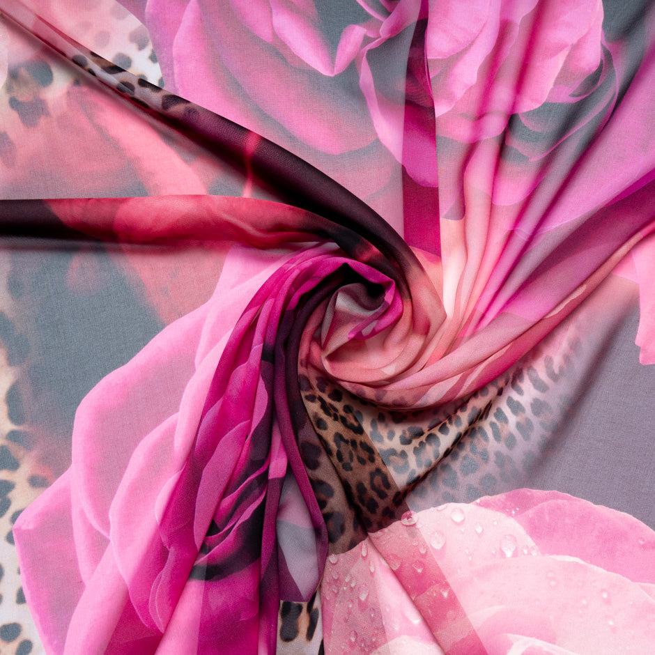 Pink Floral & Animal Printed Pure Silk Georgette