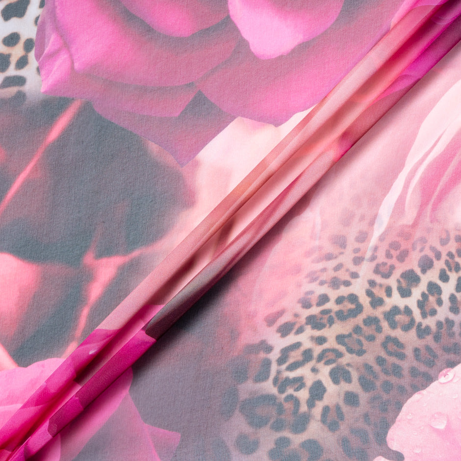 Pink Floral & Animal Printed Pure Silk Georgette