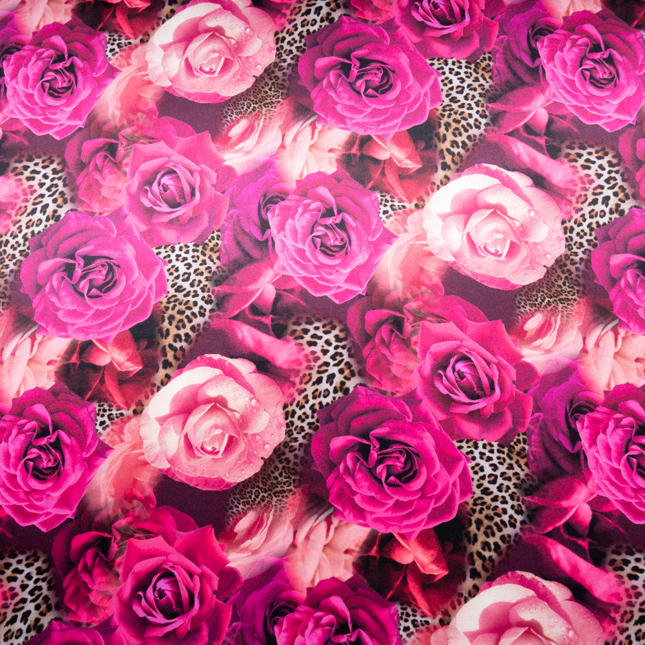 Fuchsia Pink Floral & Animal Printed Pure Silk Satin