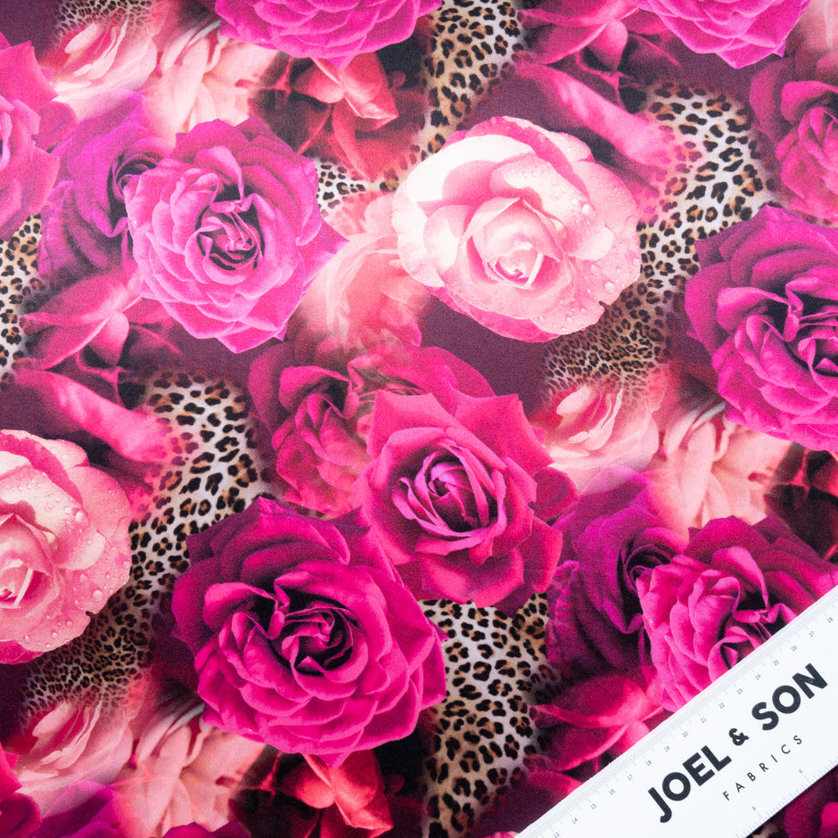 Fuchsia Pink Floral & Animal Printed Pure Silk Satin