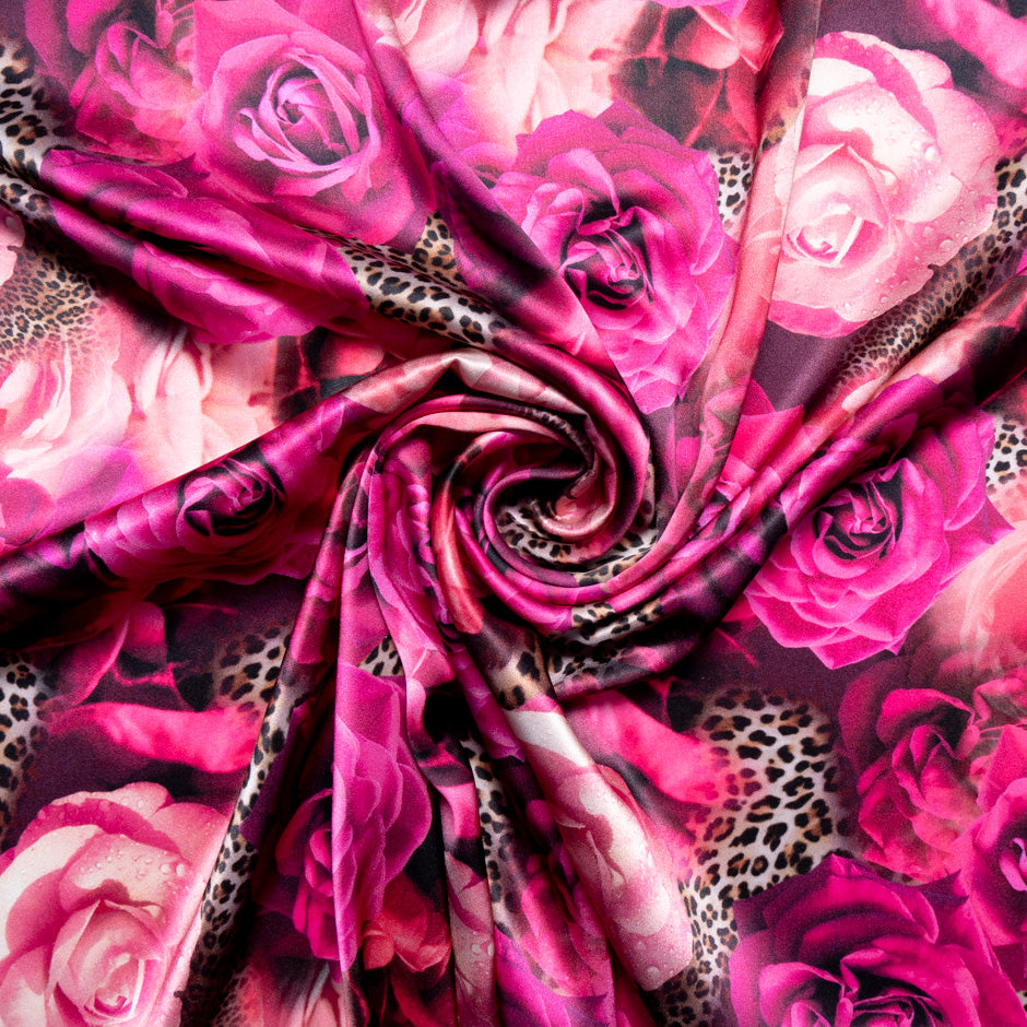 Fuchsia Pink Floral & Animal Printed Pure Silk Satin