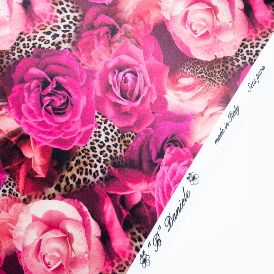 Fuchsia Pink Floral & Animal Printed Pure Silk Satin