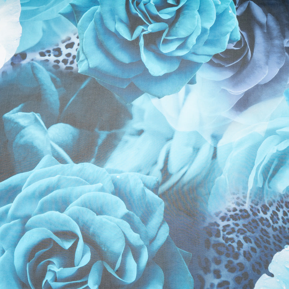 Turquoise Blue Floral & Animal Printed Pure Silk Georgette