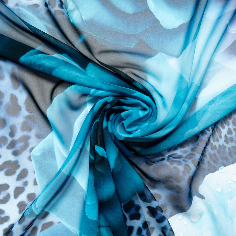 Turquoise Blue Floral & Animal Printed Pure Silk Georgette