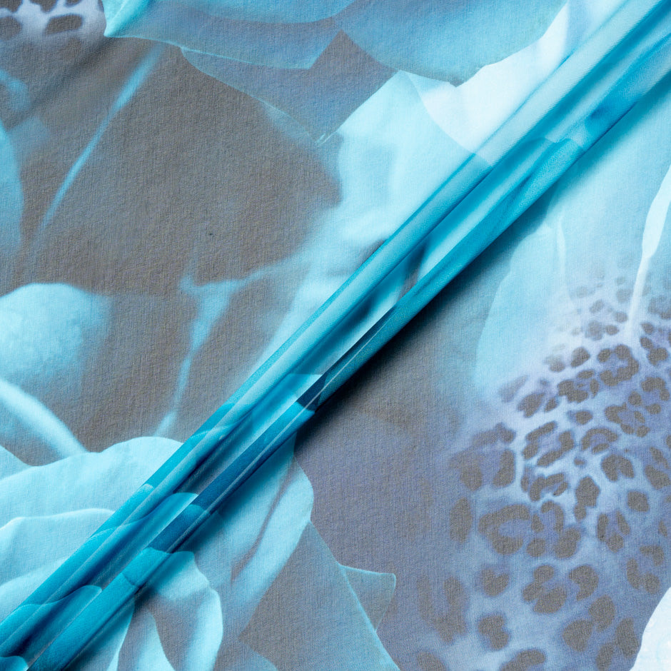 Turquoise Blue Floral & Animal Printed Pure Silk Georgette