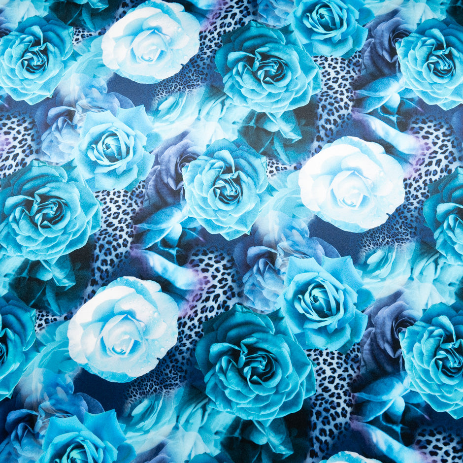 Turquoise Blue Floral & Animal Printed Silk Satin