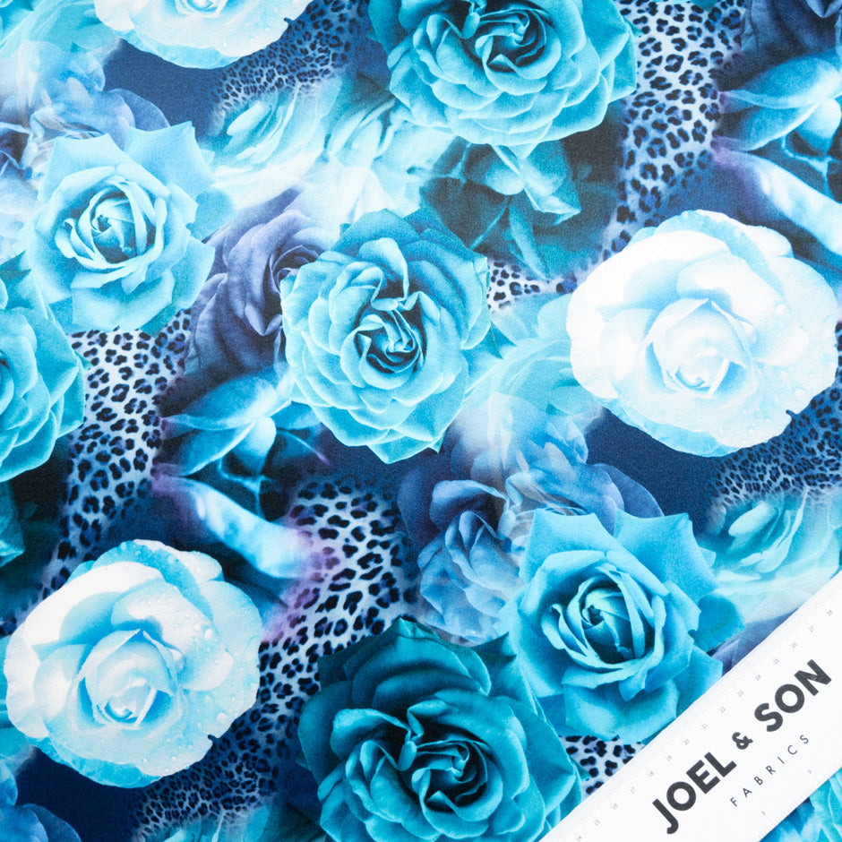 Turquoise Blue Floral & Animal Printed Silk Satin
