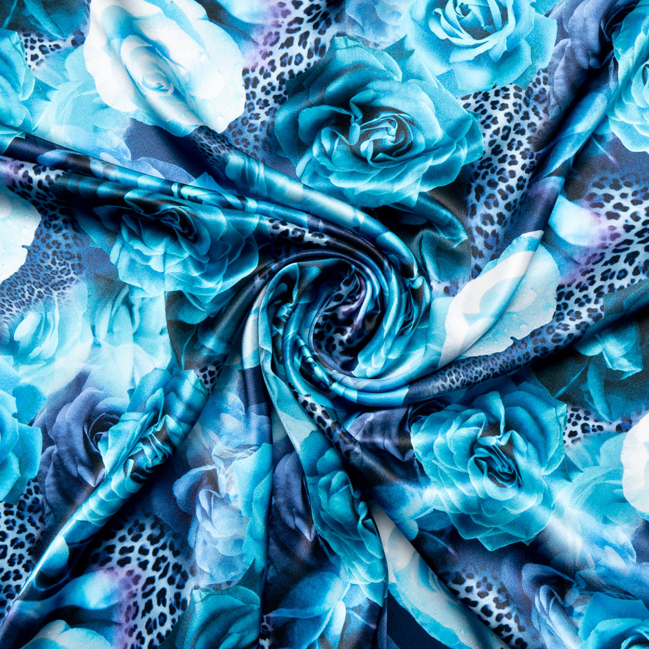 Turquoise Blue Floral & Animal Printed Silk Satin