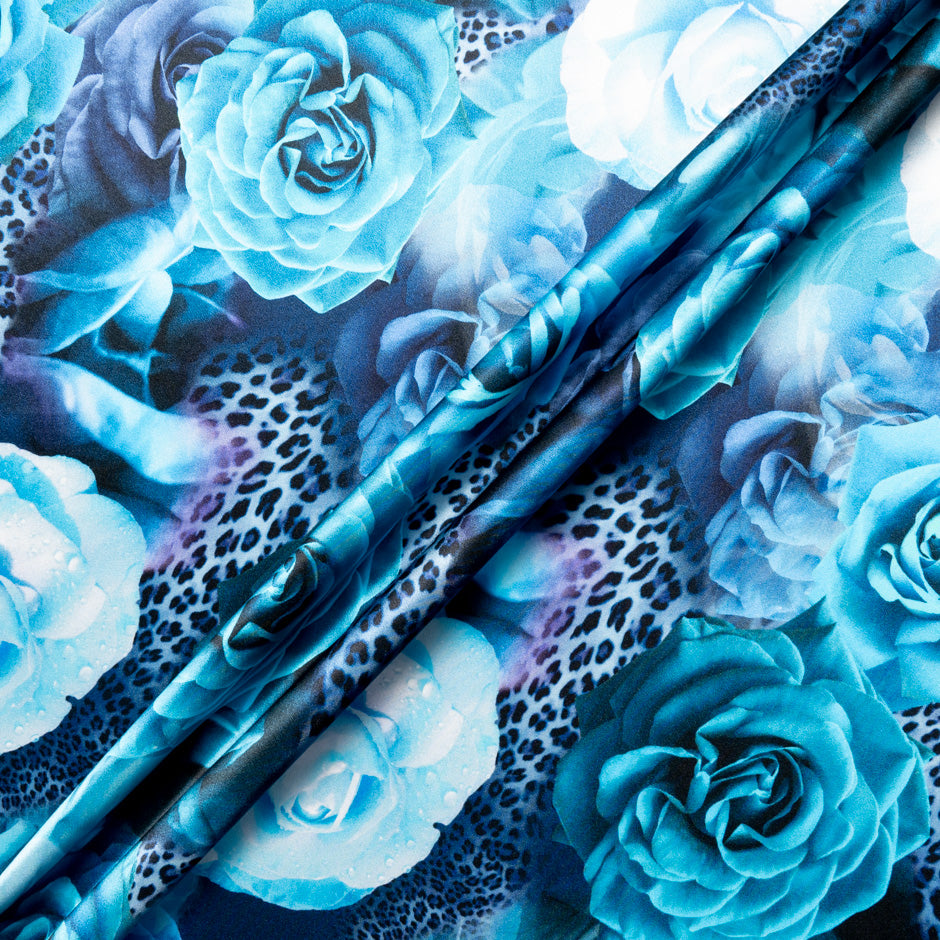Turquoise Blue Floral & Animal Printed Silk Satin