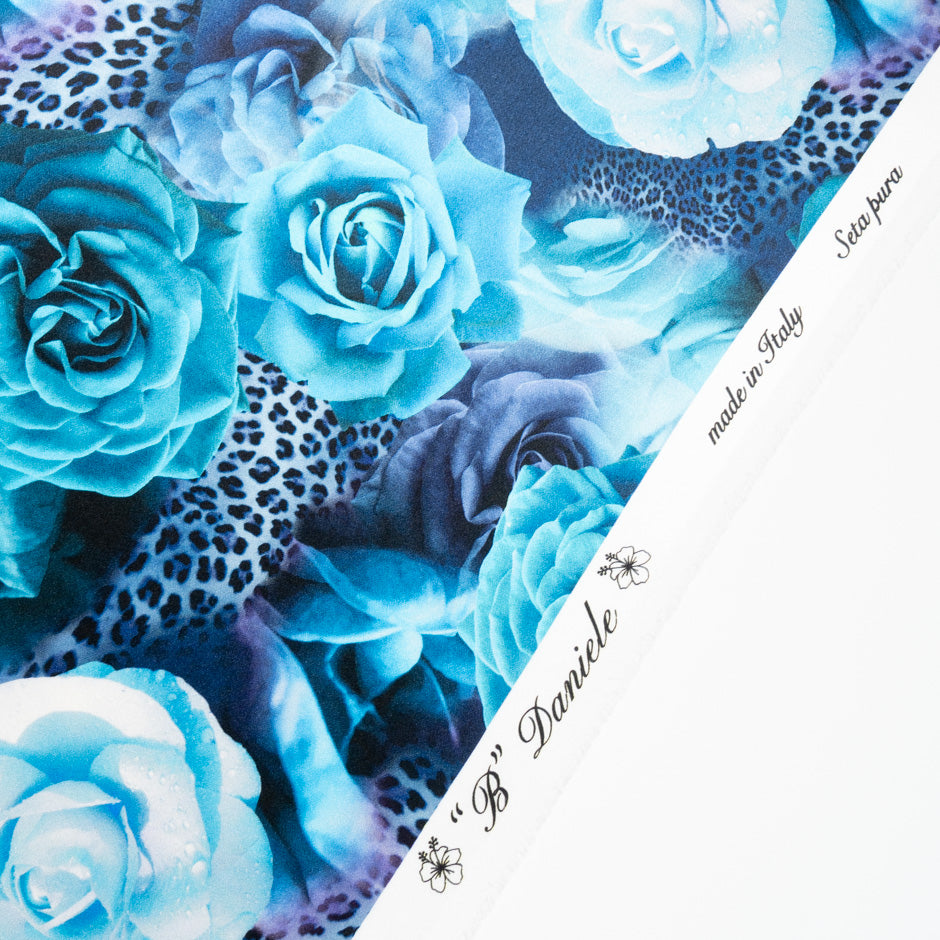 Turquoise Blue Floral & Animal Printed Silk Satin