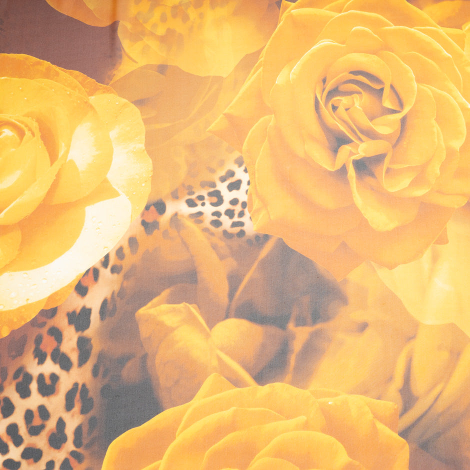 Burnt Yellow Floral & Animal Printed Pure Silk Georgette