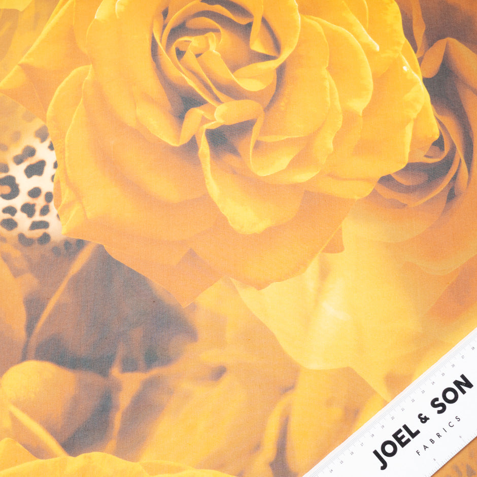 Burnt Yellow Floral & Animal Printed Pure Silk Georgette