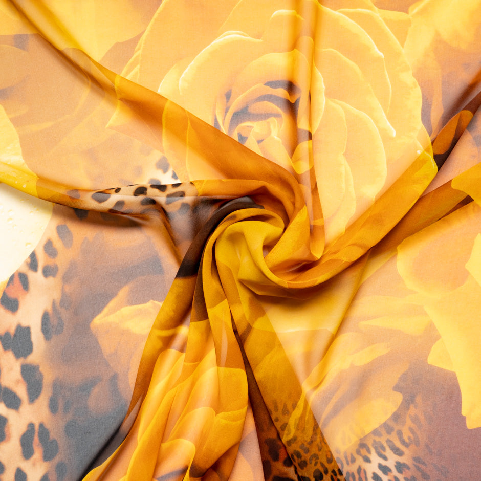 Burnt Yellow Floral & Animal Printed Pure Silk Georgette