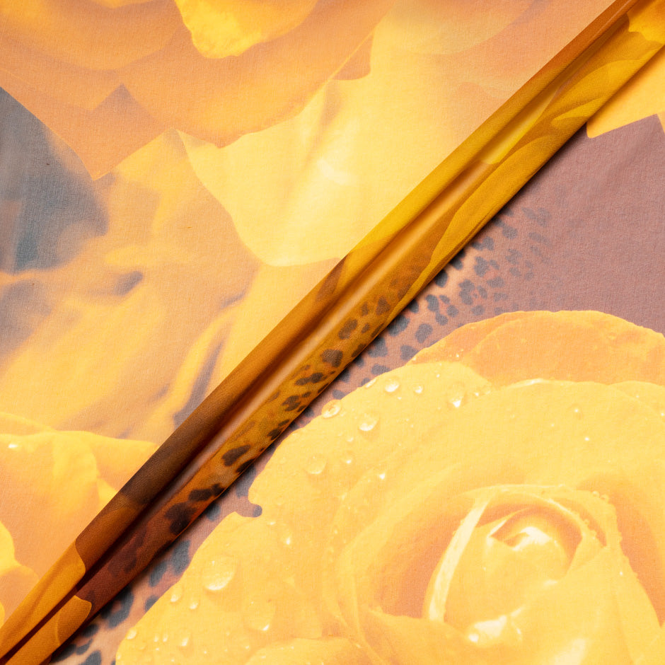 Burnt Yellow Floral & Animal Printed Pure Silk Georgette