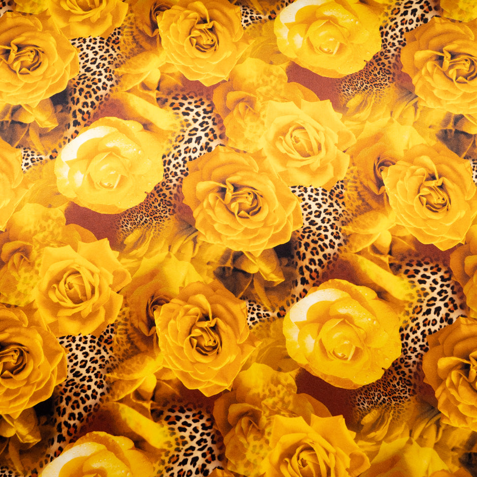 Burnt Yellow Floral & Animal Printed Pure Silk Satin