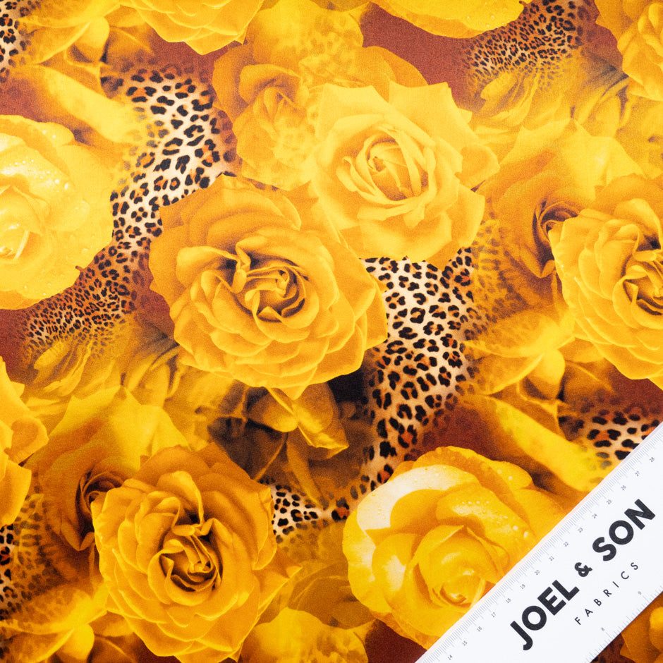 Burnt Yellow Floral & Animal Printed Pure Silk Satin