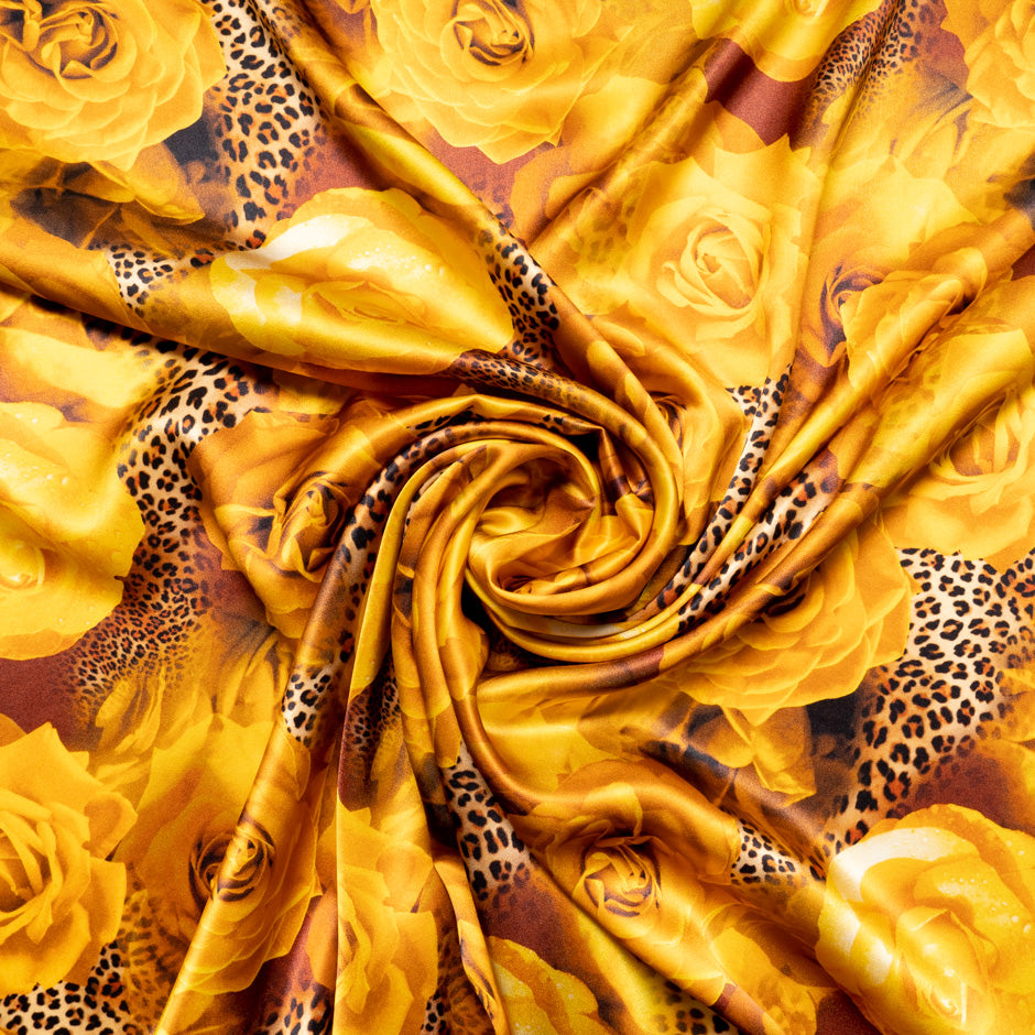 Burnt Yellow Floral & Animal Printed Pure Silk Satin