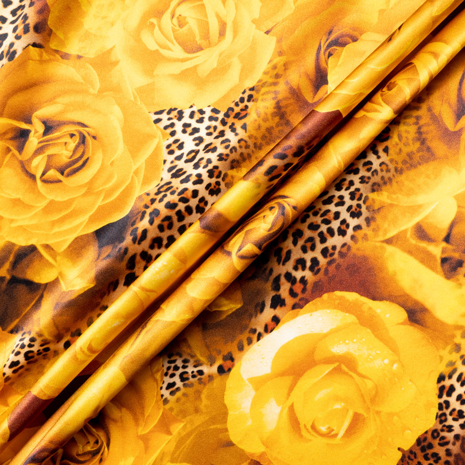Burnt Yellow Floral & Animal Printed Pure Silk Satin