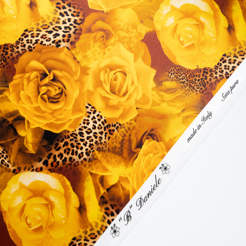 Burnt Yellow Floral & Animal Printed Pure Silk Satin