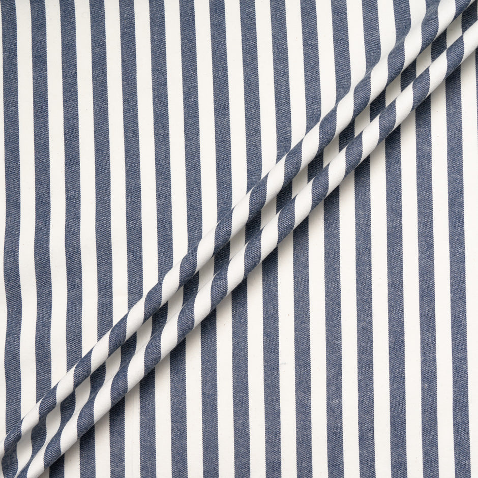 Ivory & Blue Striped Stretch Cotton Denim
