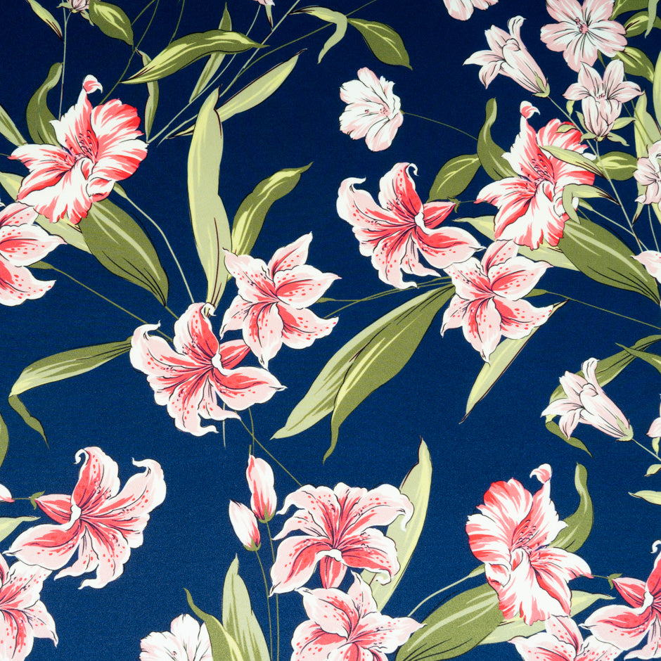 Oriental Lily Printed French Blue Pure Silk Crêpe
