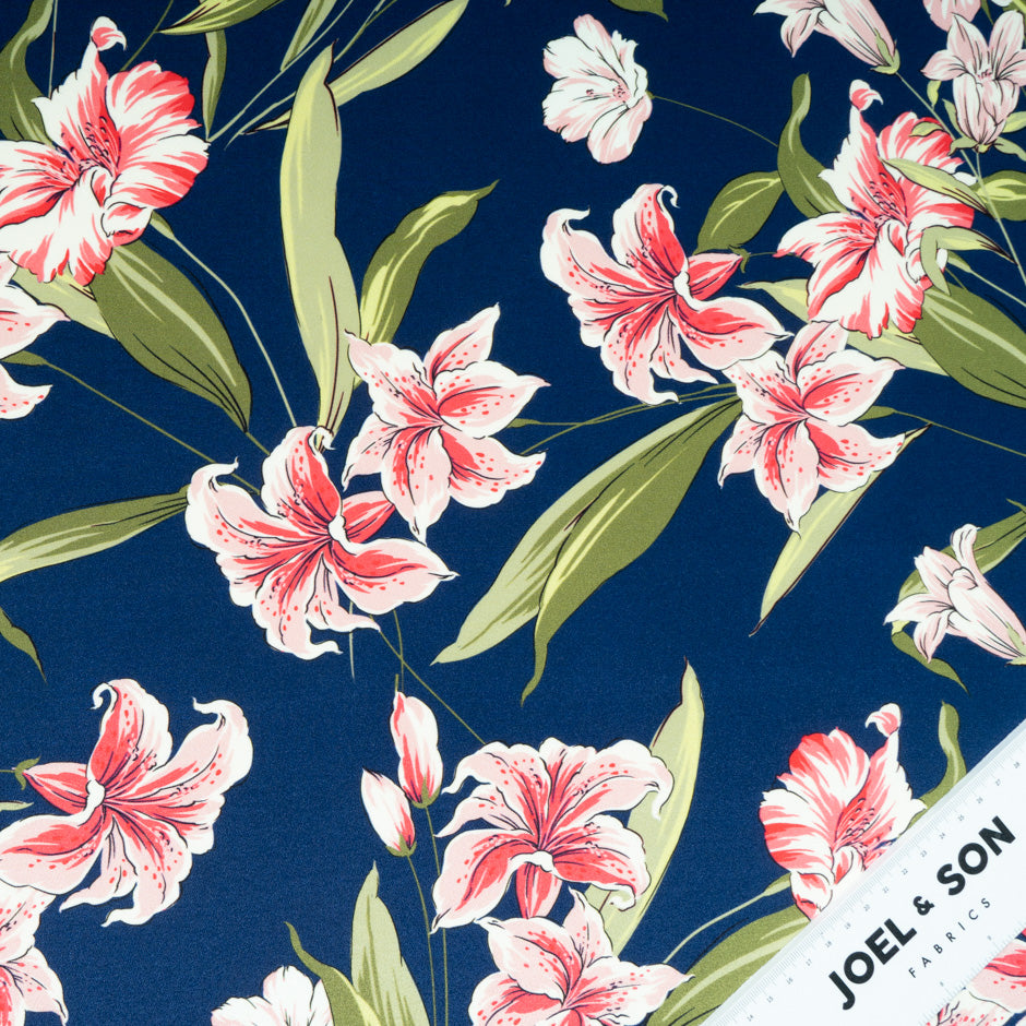 Oriental Lily Printed French Blue Pure Silk Crêpe