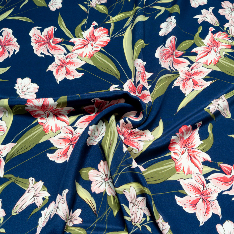 Oriental Lily Printed French Blue Pure Silk Crêpe