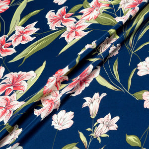 Oriental Lily Printed French Blue Pure Silk Crêpe