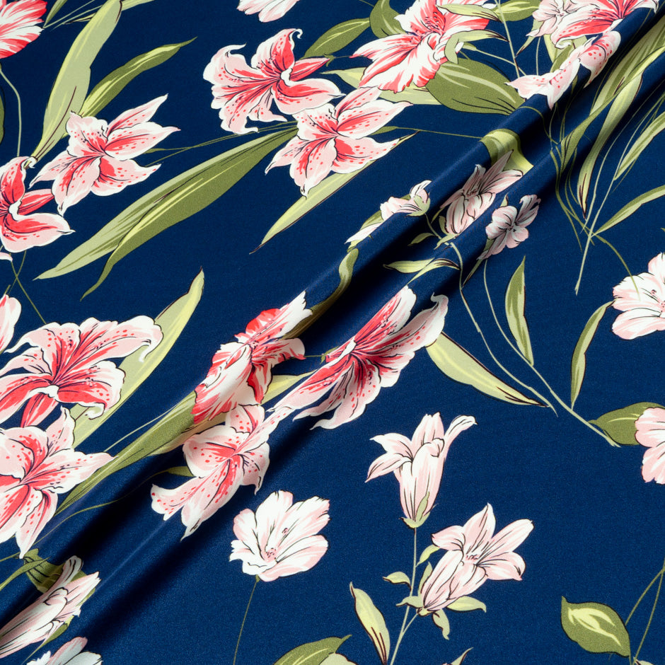 Oriental Lily Printed French Blue Pure Silk Crêpe