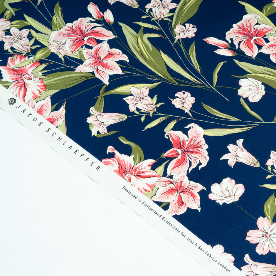 Oriental Lily Printed French Blue Pure Silk Crêpe