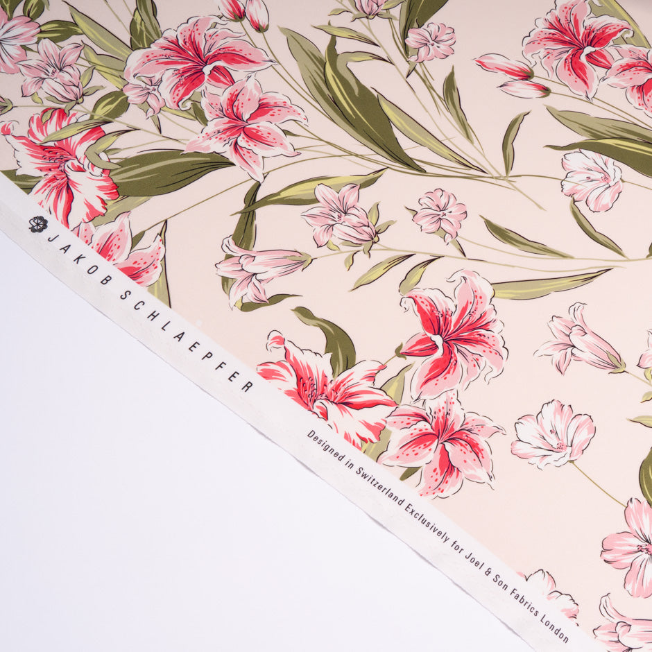 Oriental Lily Printed Pale Pink Pure Silk Crêpe