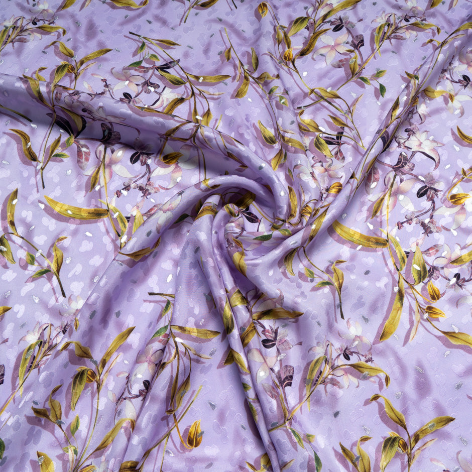 Floral Printed Lavender Pure Silk Metallic Jacquard