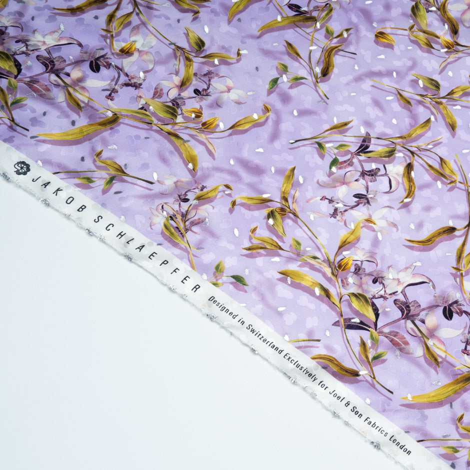 Floral Printed Lavender Pure Silk Metallic Jacquard