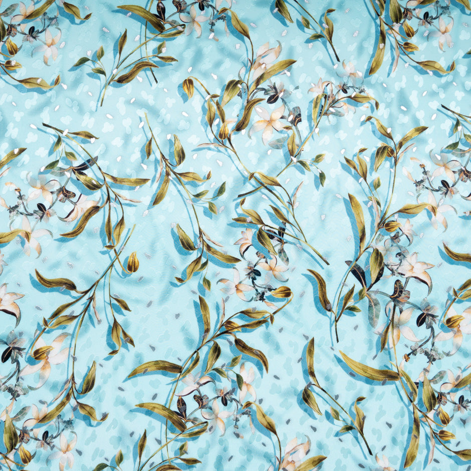 Floral Printed Soft Turquoise Silk Metallic Jacquard