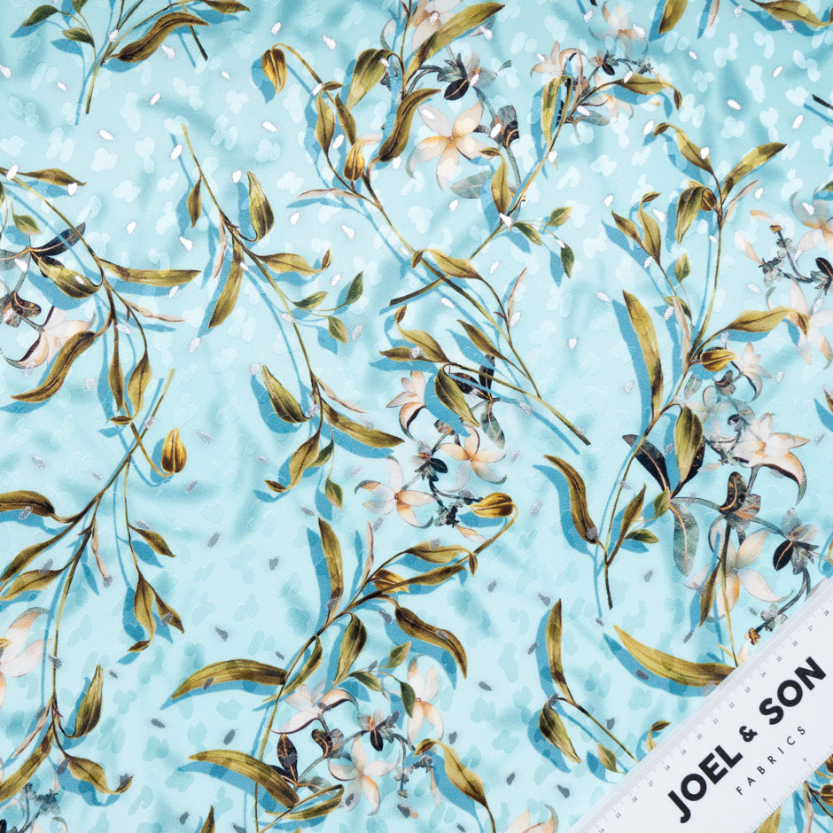 Floral Printed Soft Turquoise Silk Metallic Jacquard