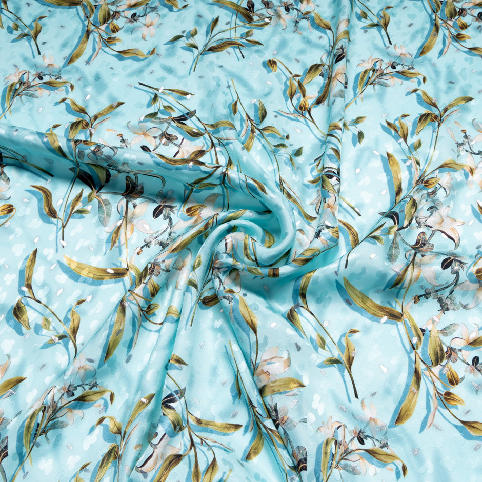 Floral Printed Soft Turquoise Silk Metallic Jacquard