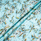 Floral Printed Soft Turquoise Silk Metallic Jacquard
