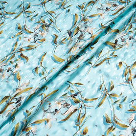 Floral Printed Soft Turquoise Silk Metallic Jacquard