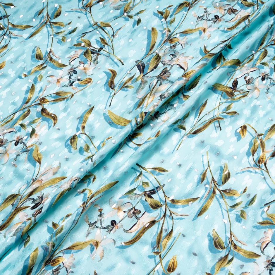 Floral Printed Soft Turquoise Silk Metallic Jacquard