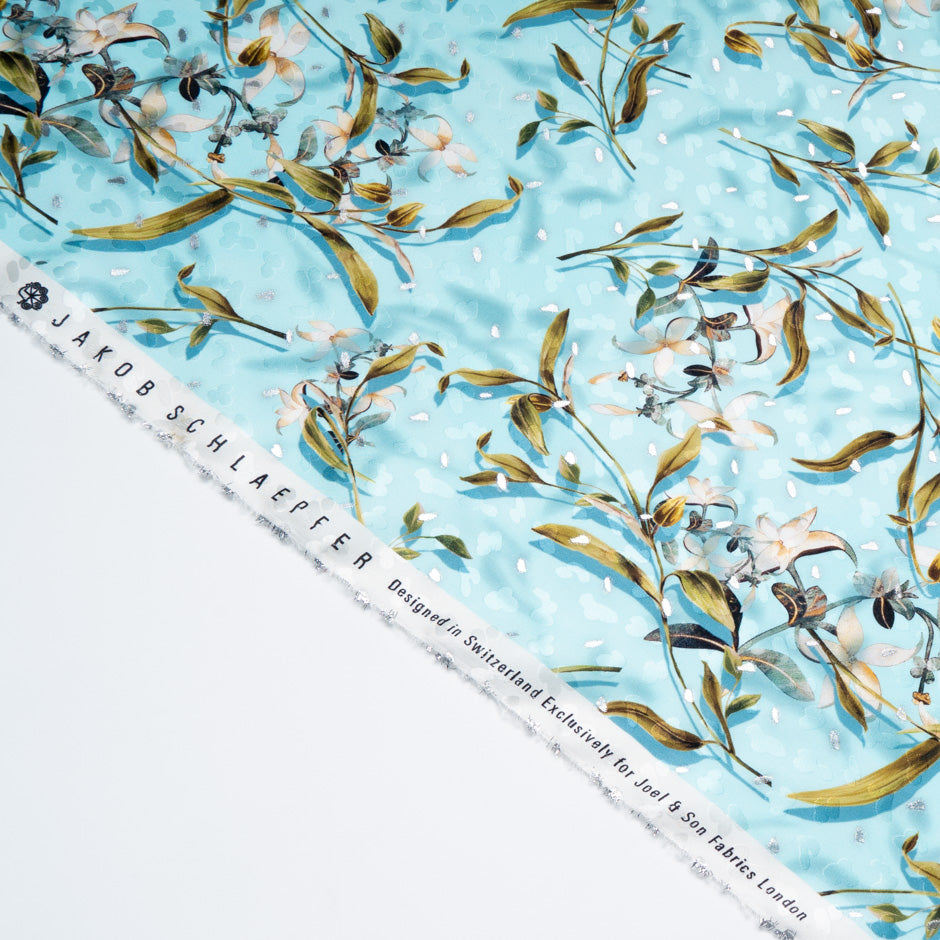 Floral Printed Soft Turquoise Silk Metallic Jacquard